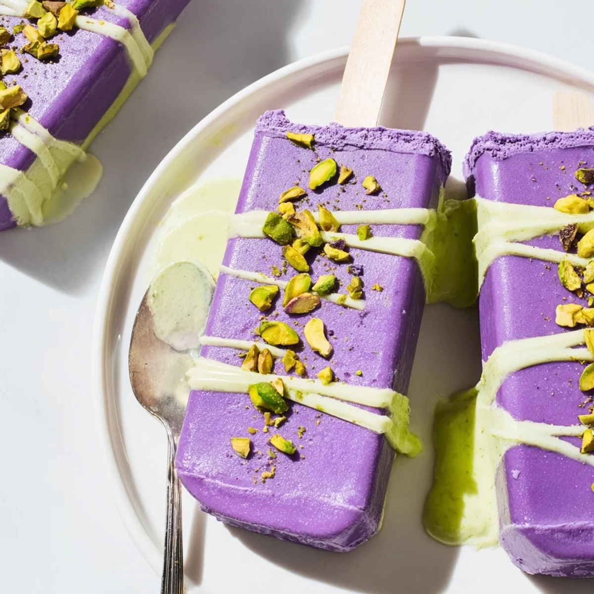 Layered ube & pistachio ice cream bars, drizzled with condensed milk and sprinkled nuts.