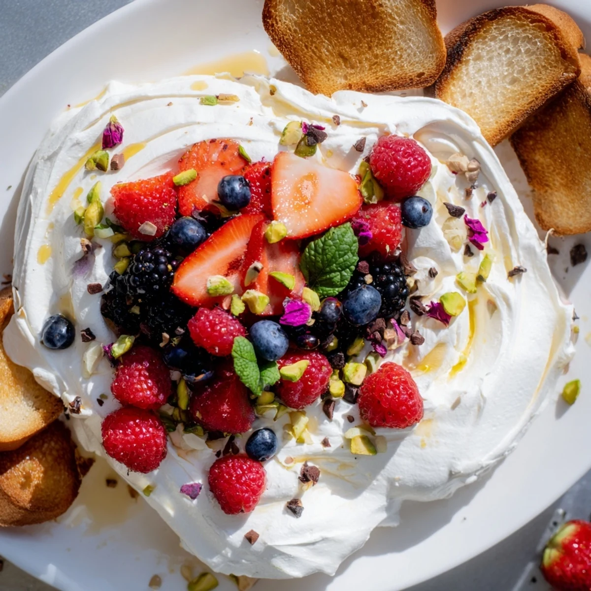 Whipped cream cheese forms the base of this vibrant Butter Board Dessert.  