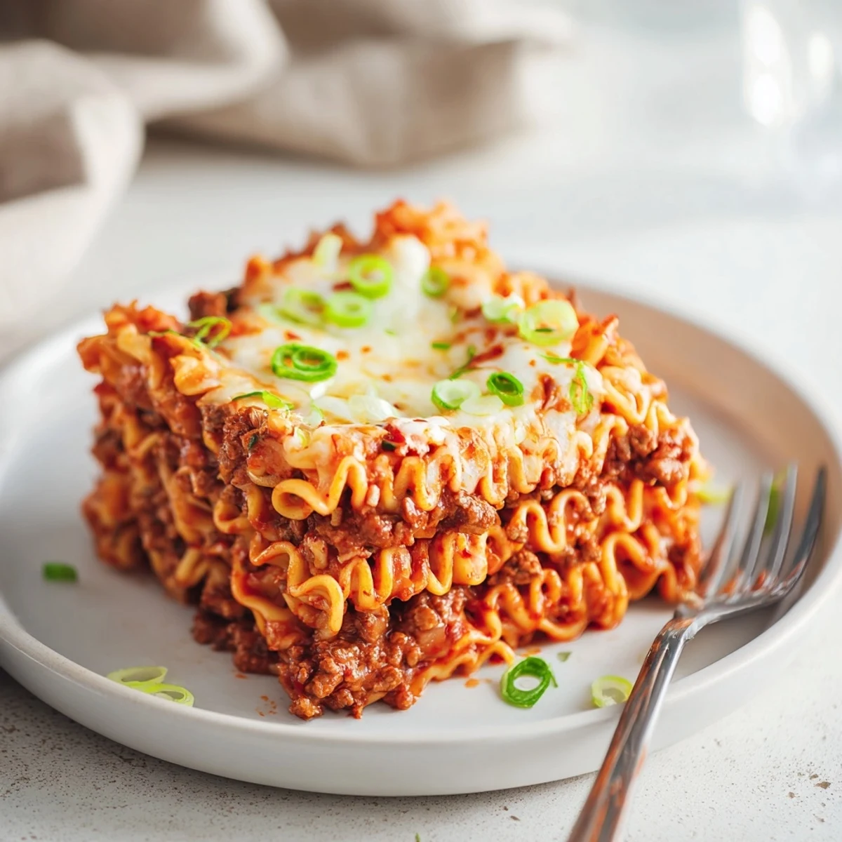 A mouthwatering Spicy Ramen Lasagna with layers of creamy cheese and savory pork.  