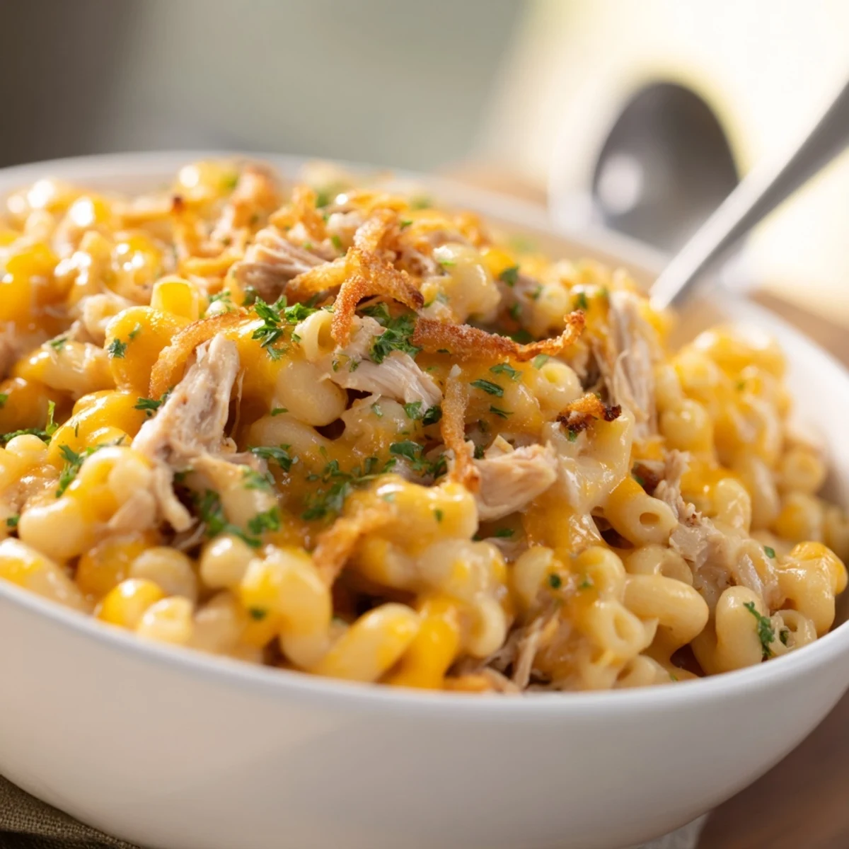 Creamy One-Pot Honey BBQ Chicken Mac and Cheese garnished with crispy onions.  