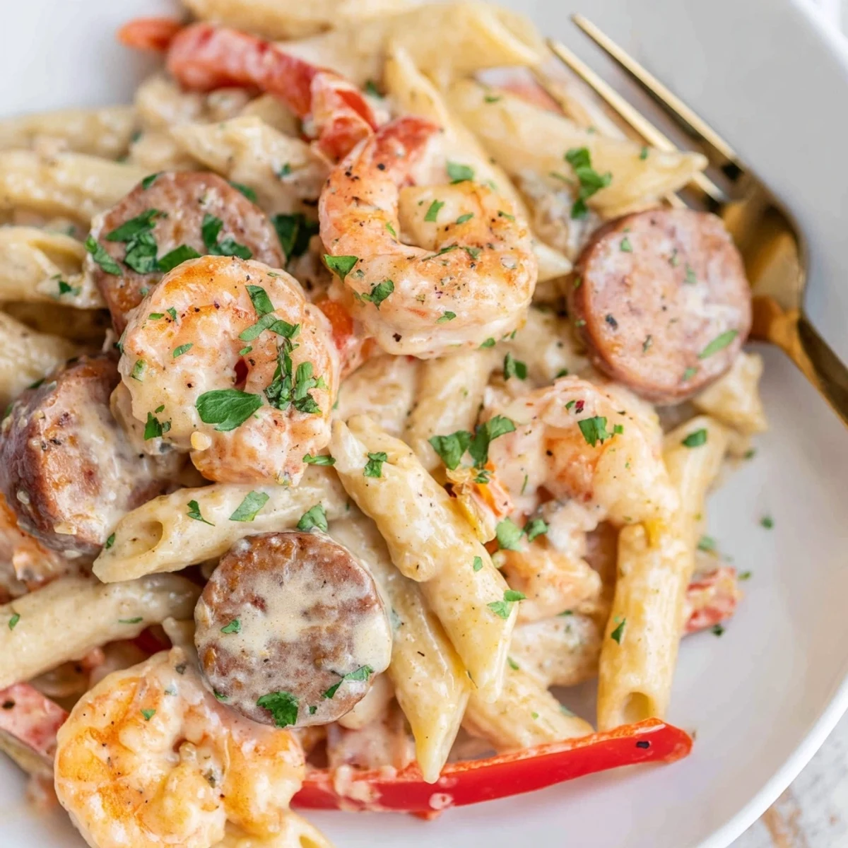 Creamy Cajun Sausage & Shrimp Alfredo Pasta Skillet garnished with fresh parsley.  