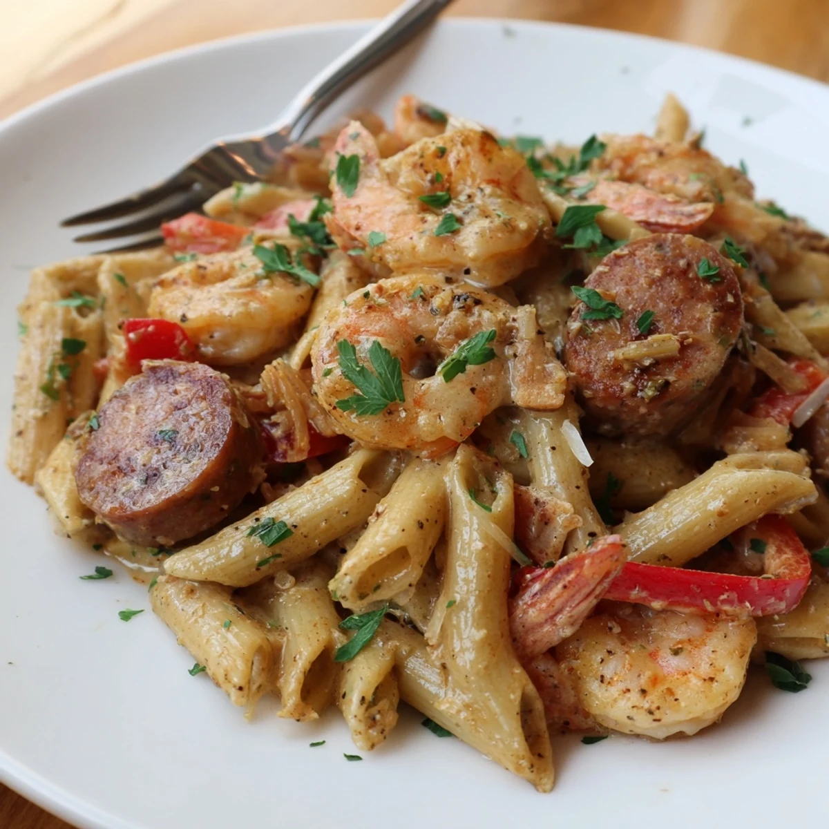 Savory Cajun Sausage & Shrimp Alfredo Pasta Skillet served in a rustic dish.  