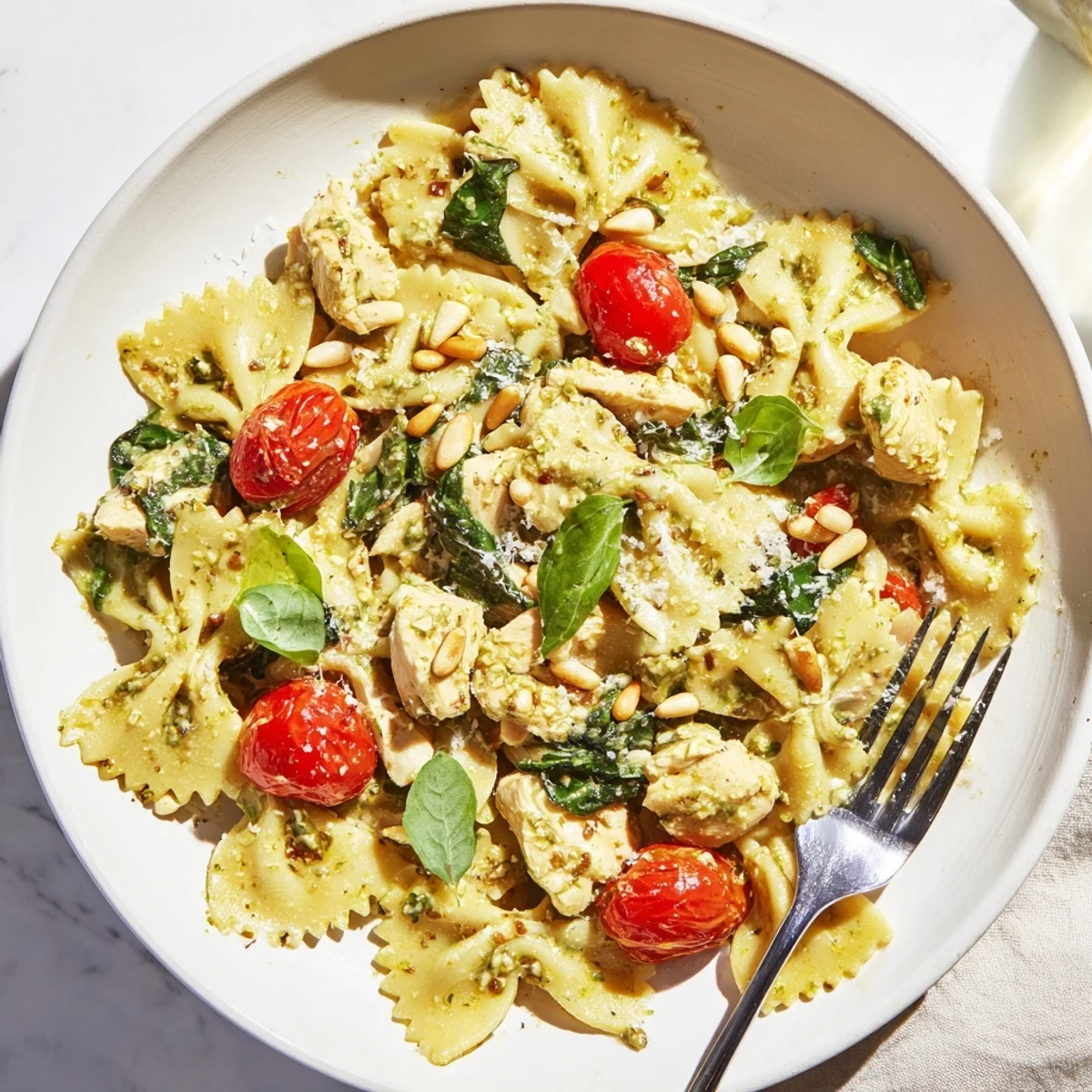 Pesto Chicken Bowtie Pasta topped with fresh basil and Parmesan, ready to serve.  
