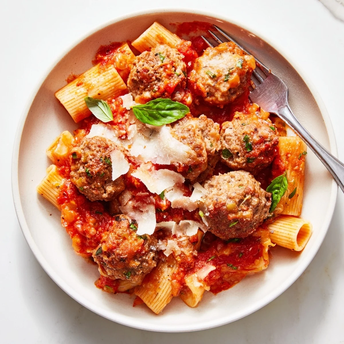 Hearty Italian Meatball Pasta Skillet topped with melted cheese and fresh basil.   