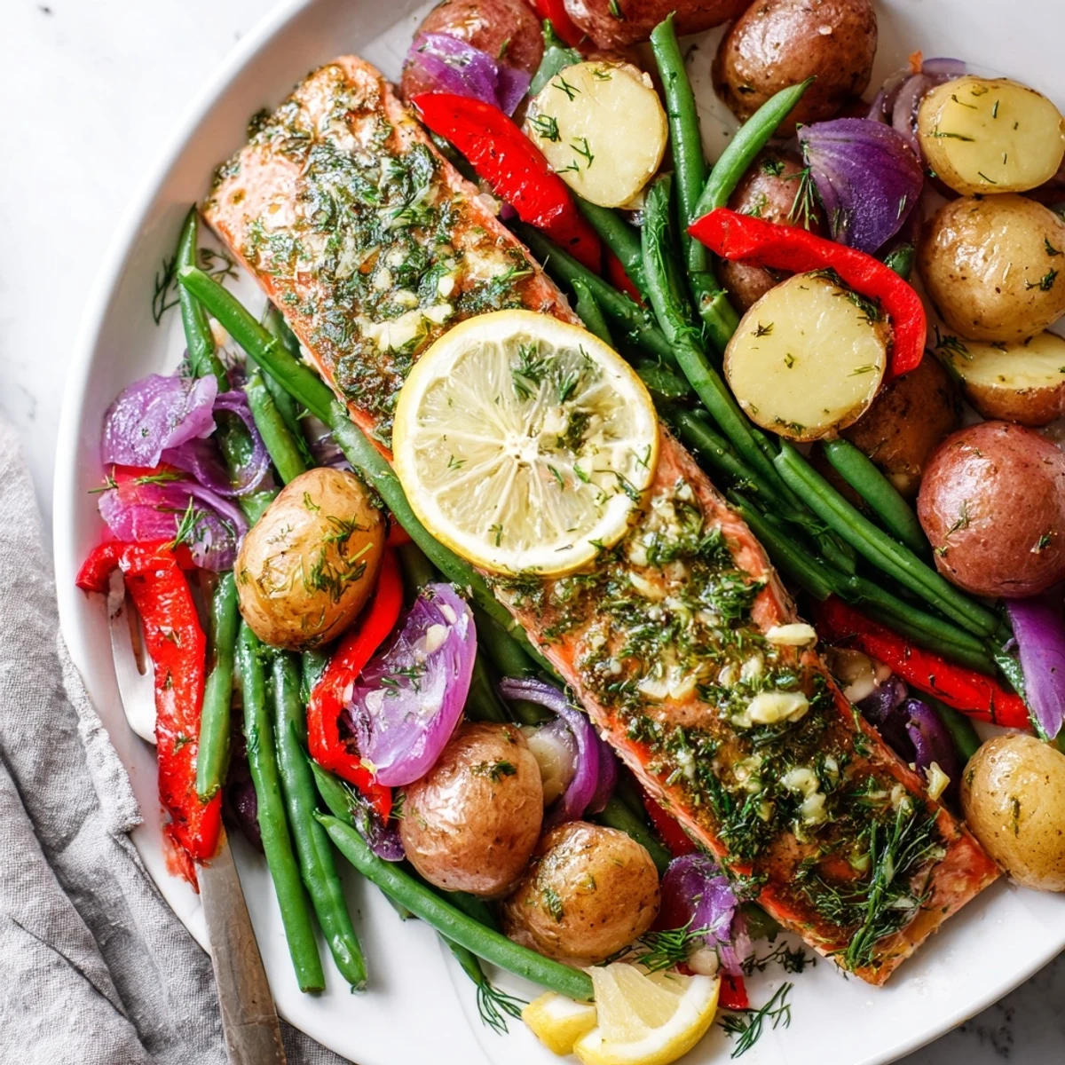 Vibrant Lemon Herb Salmon & Potato Sheet Pan, a healthy feast bursting with fresh herbs.  