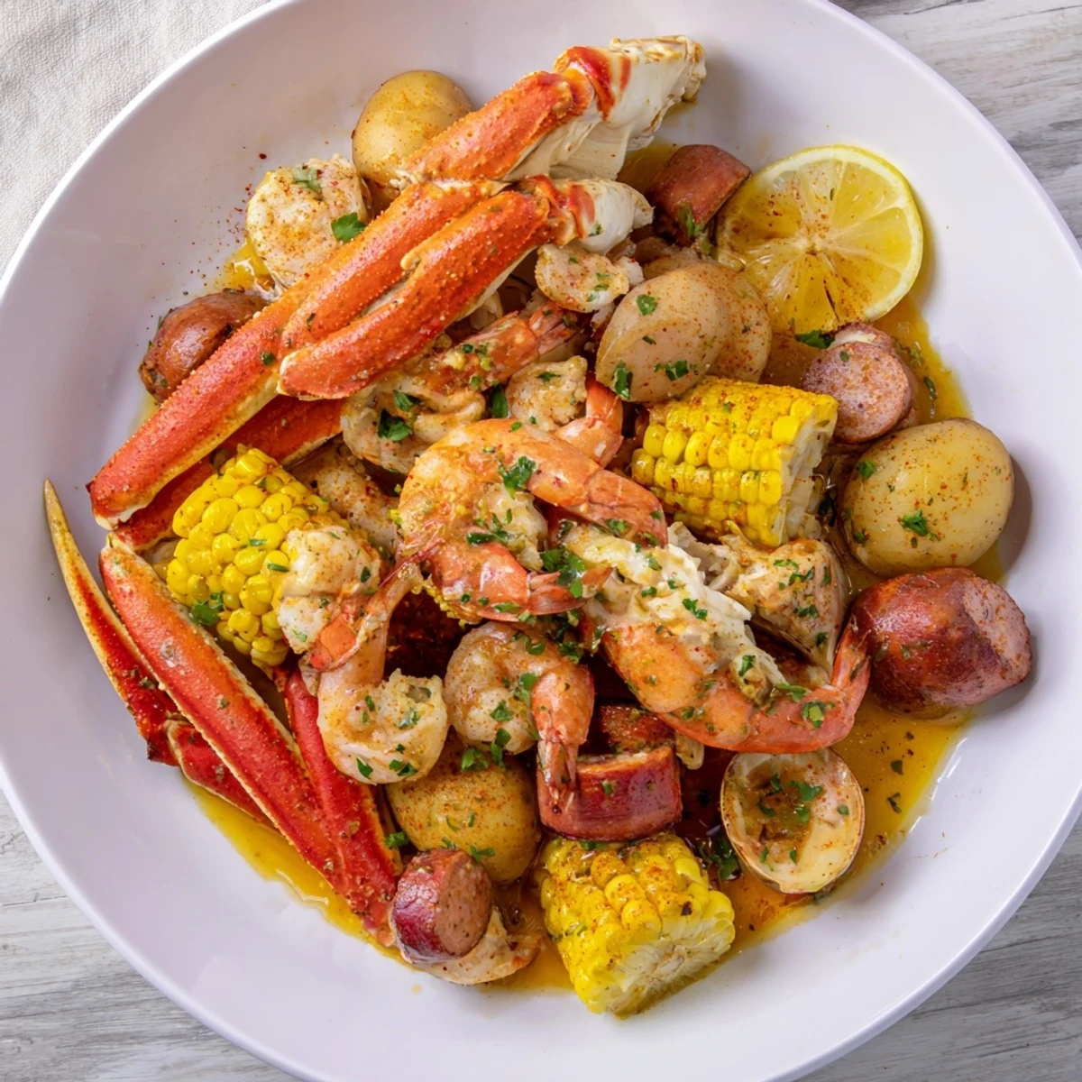 Festive Seafood Boil with Crab, Shrimp & Sausage served with lemon wedges.  