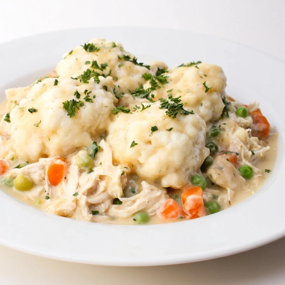 Golden-brown Chicken and Dumplings Casserole bubbling with a creamy, savory sauce, ready to serve.
