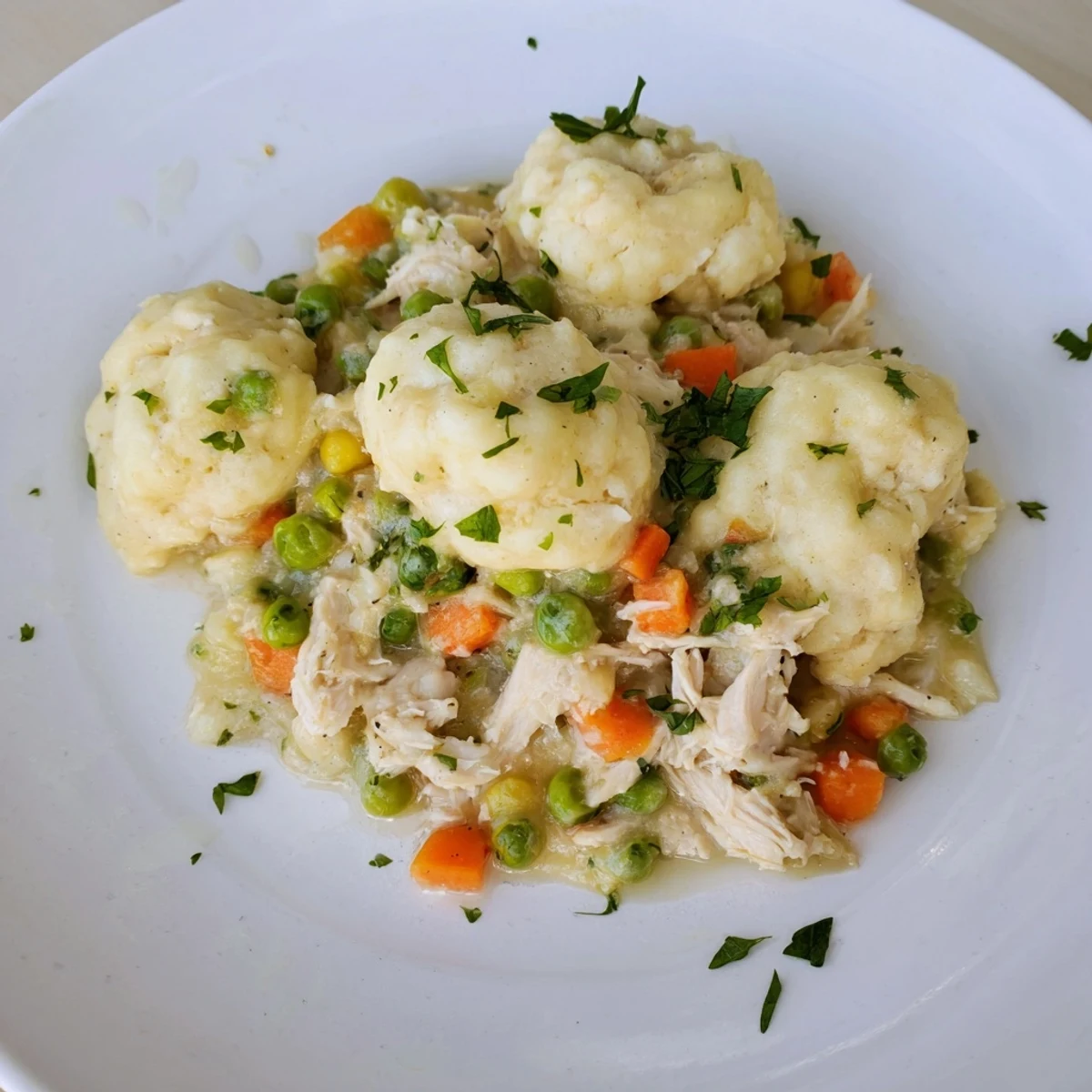 A warm, comforting image of homestyle Chicken and Dumplings Casserole with fluffy dumplings on top.