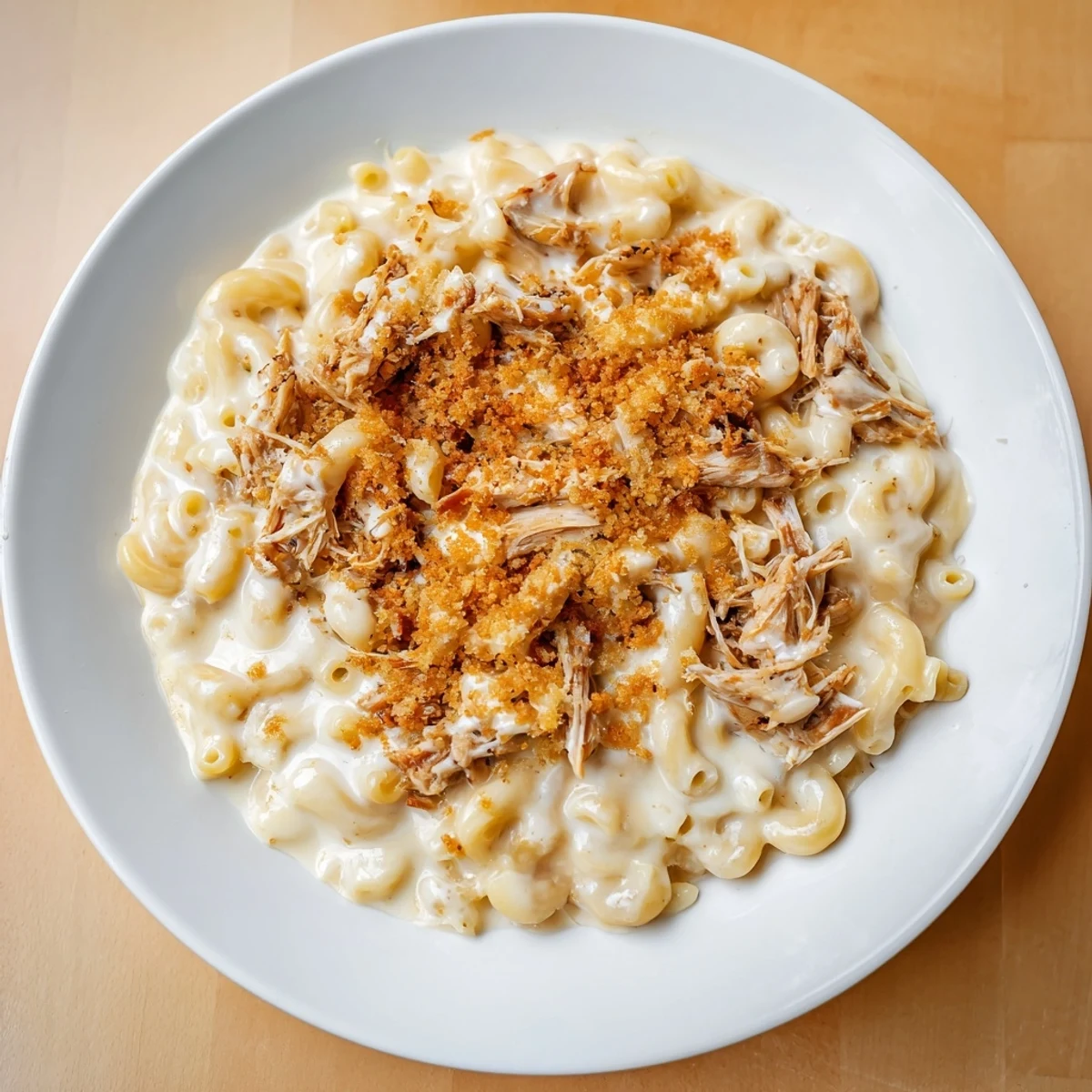 Classic mac & cheese with BBQ chicken: a bubbling casserole featuring golden breadcrumbs and tender chicken.