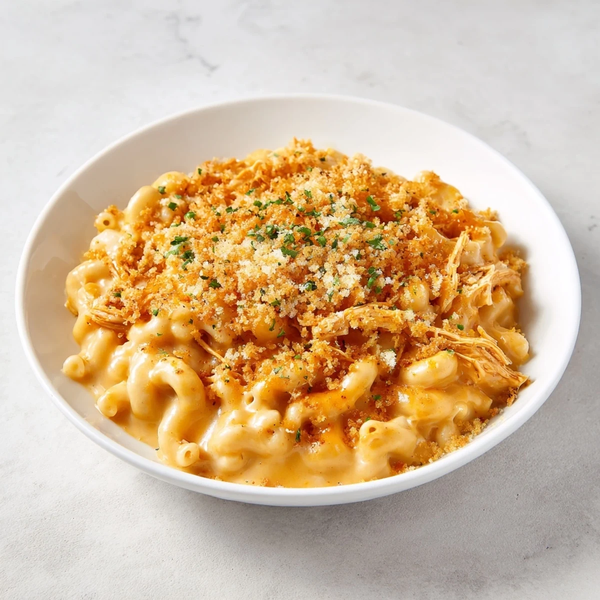 A close-up view of the hearty classic mac & cheese with BBQ chicken, ready to be served hot.