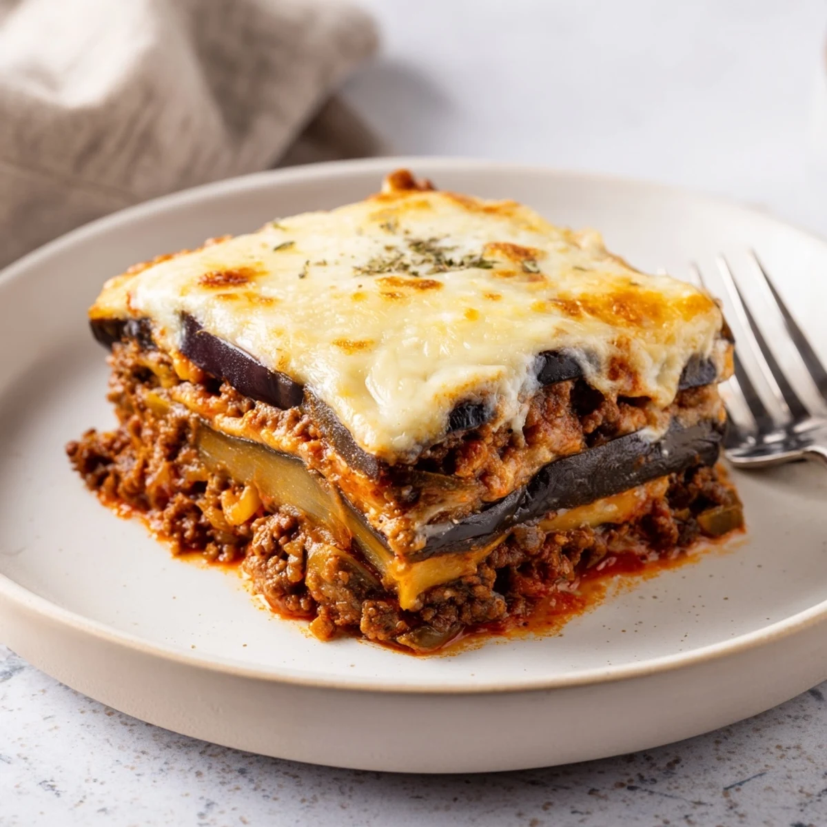 Golden-brown Moussaka, layered with eggplant, savory beef, and creamy béchamel, ready to be sliced.