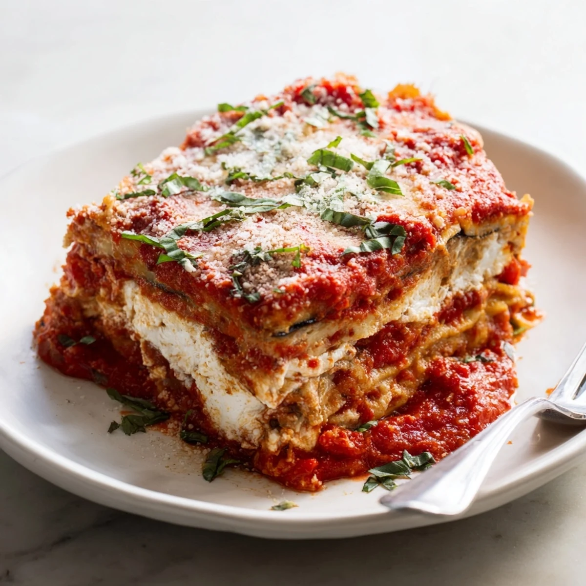 Golden, bubbly Eggplant Parmesan Lasagna with melted mozzarella, perfect for a hearty vegetarian dinner.
