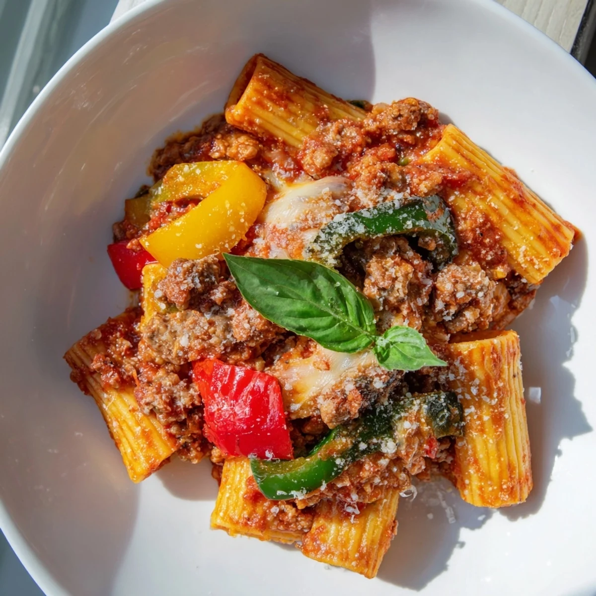 Golden-brown melted cheese covers a delicious baked rigatoni with sausage and peppers, a hearty family meal.