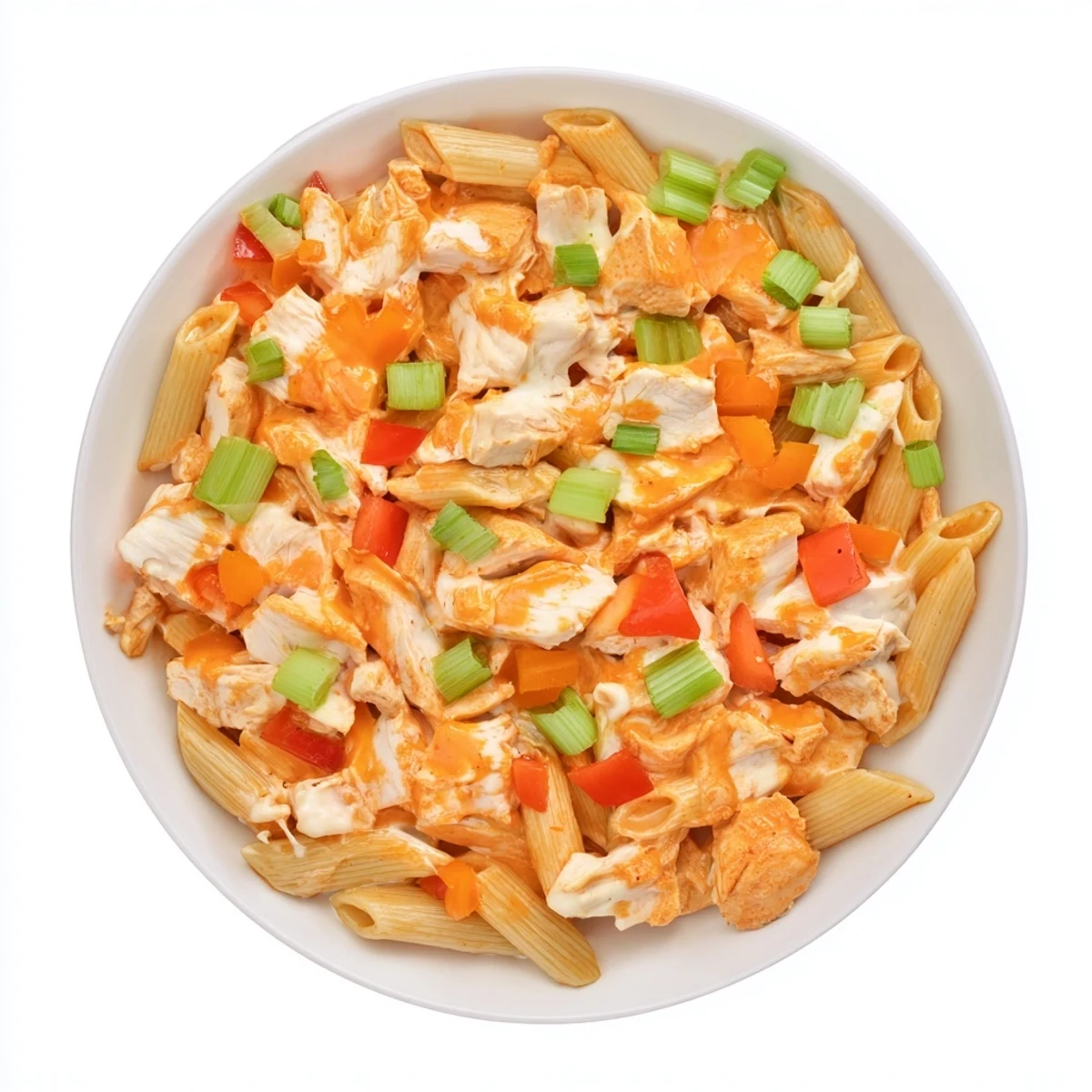 A bubbling skillet of Buffalo Chicken Pasta Skillet, featuring tender chicken, a creamy sauce, and bits of red pepper.
