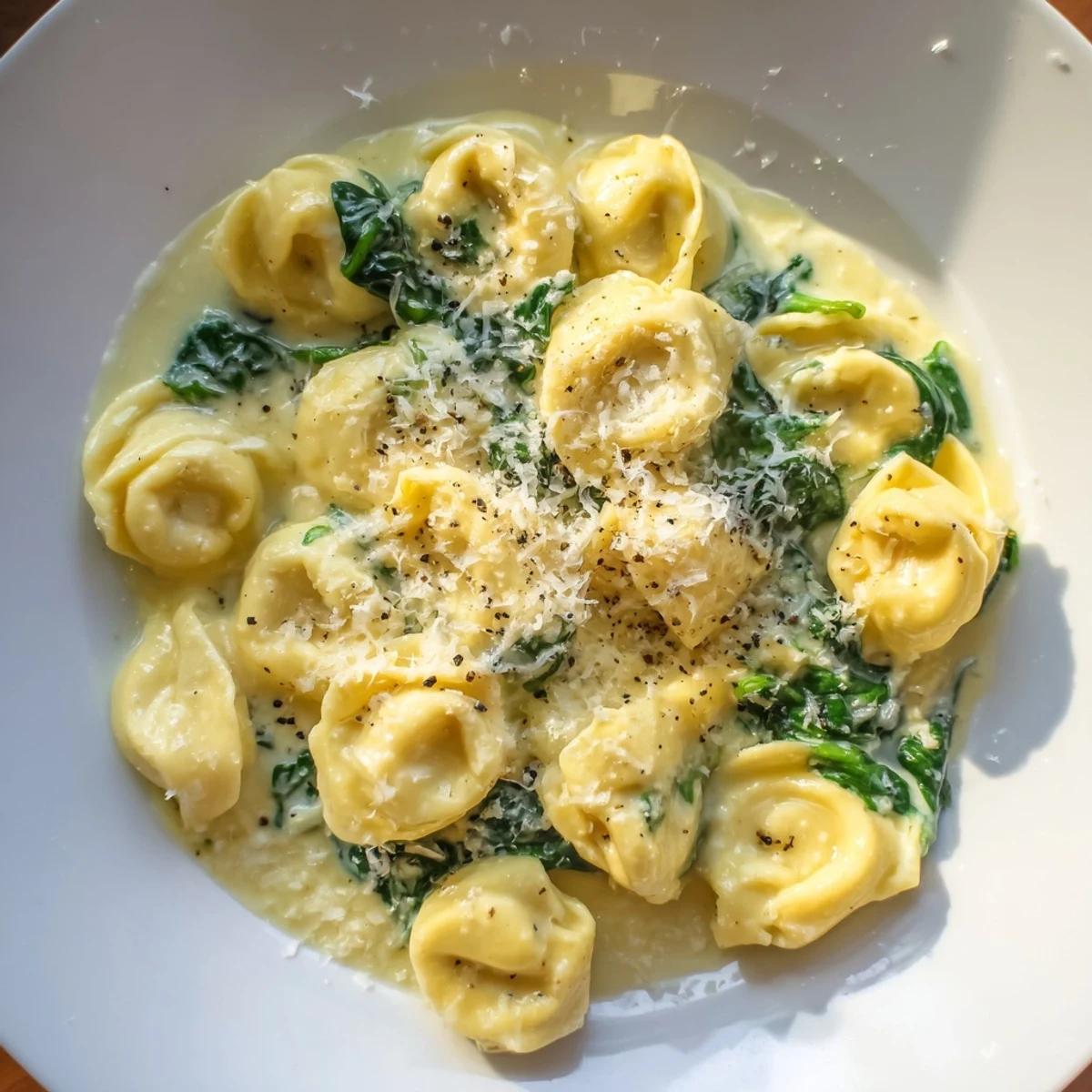 Creamy Spinach Alfredo Tortellini: a rich, comforting pasta dish featuring vibrant spinach and Parmesan cheese.