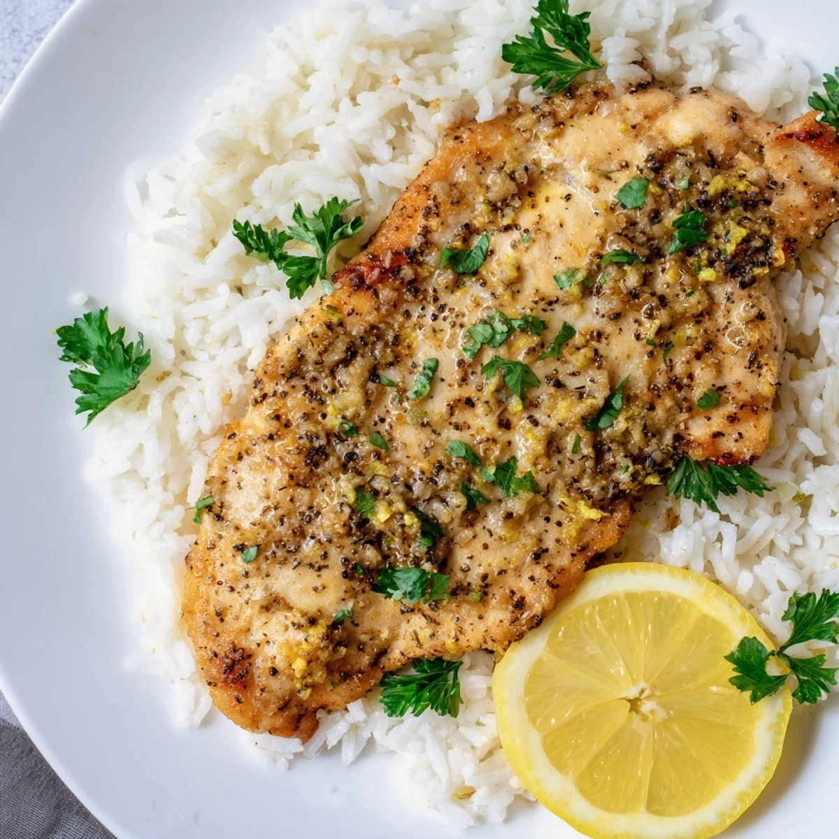 Golden-brown Lemon Pepper Chicken sits atop a bed of fluffy rice, a comforting American classic.