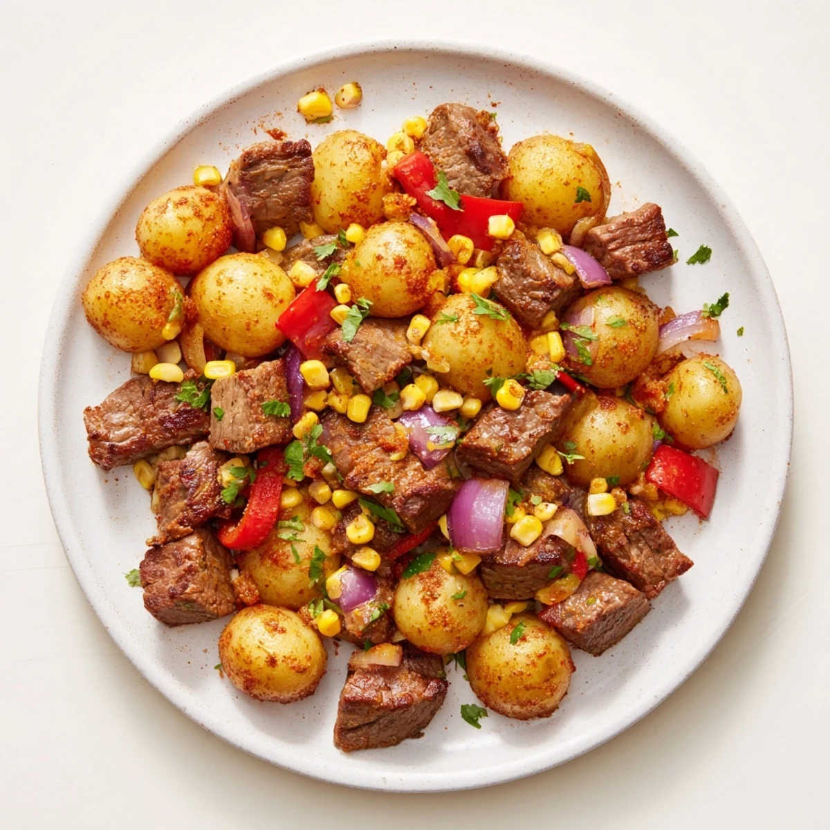 Aromatic Southwest Steak & Potato Skillet with vibrant peppers and onions, garnished with fresh cilantro and lime.