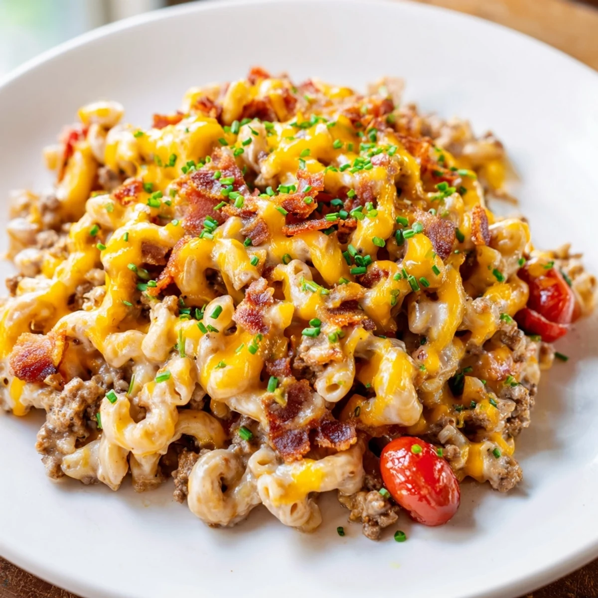 A bubbling Bacon Cheeseburger Pasta Bake with crispy bacon and melted cheese, ready to serve.