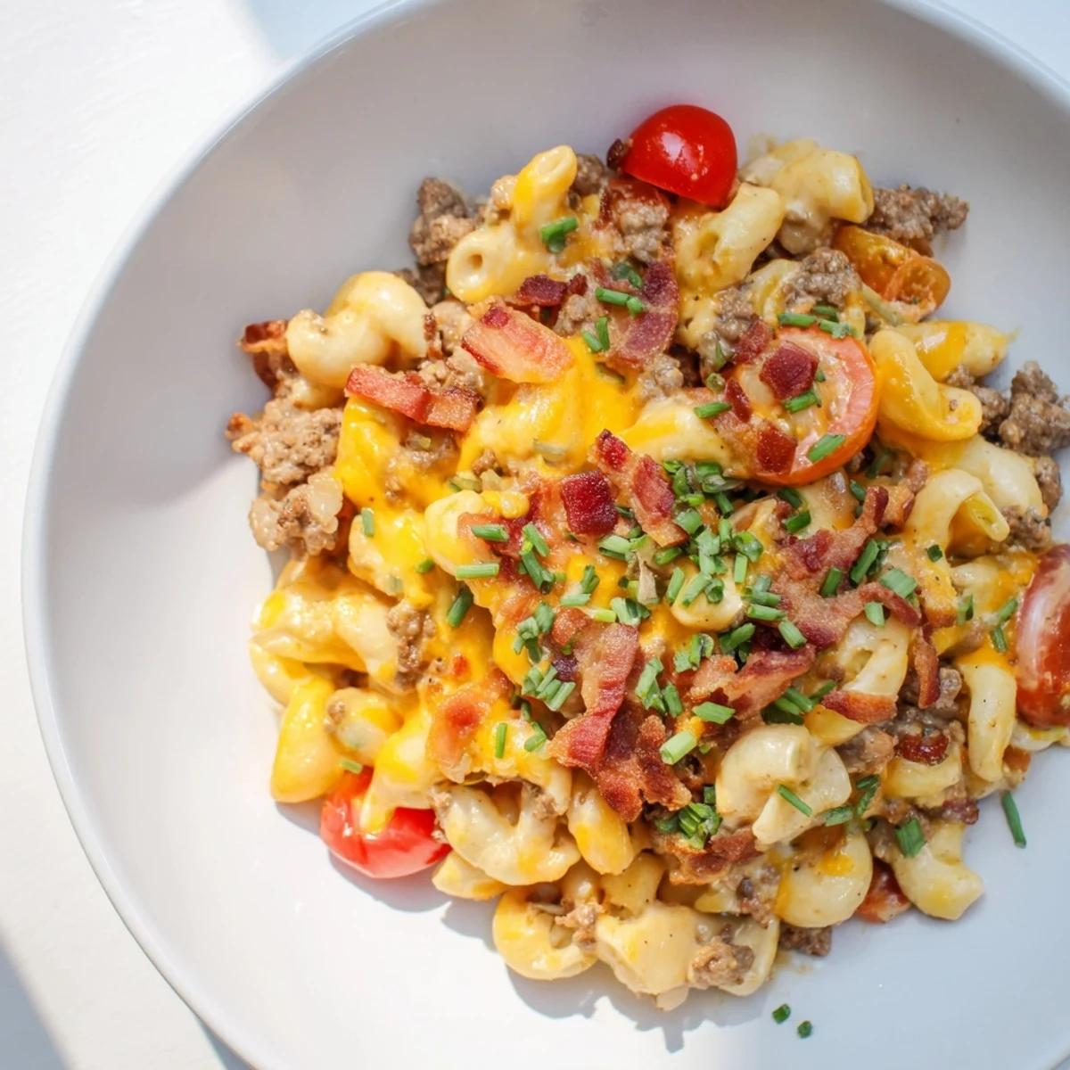Creamy Bacon Cheeseburger Pasta Bake with a golden, bubbly cheese top and savory aroma.
