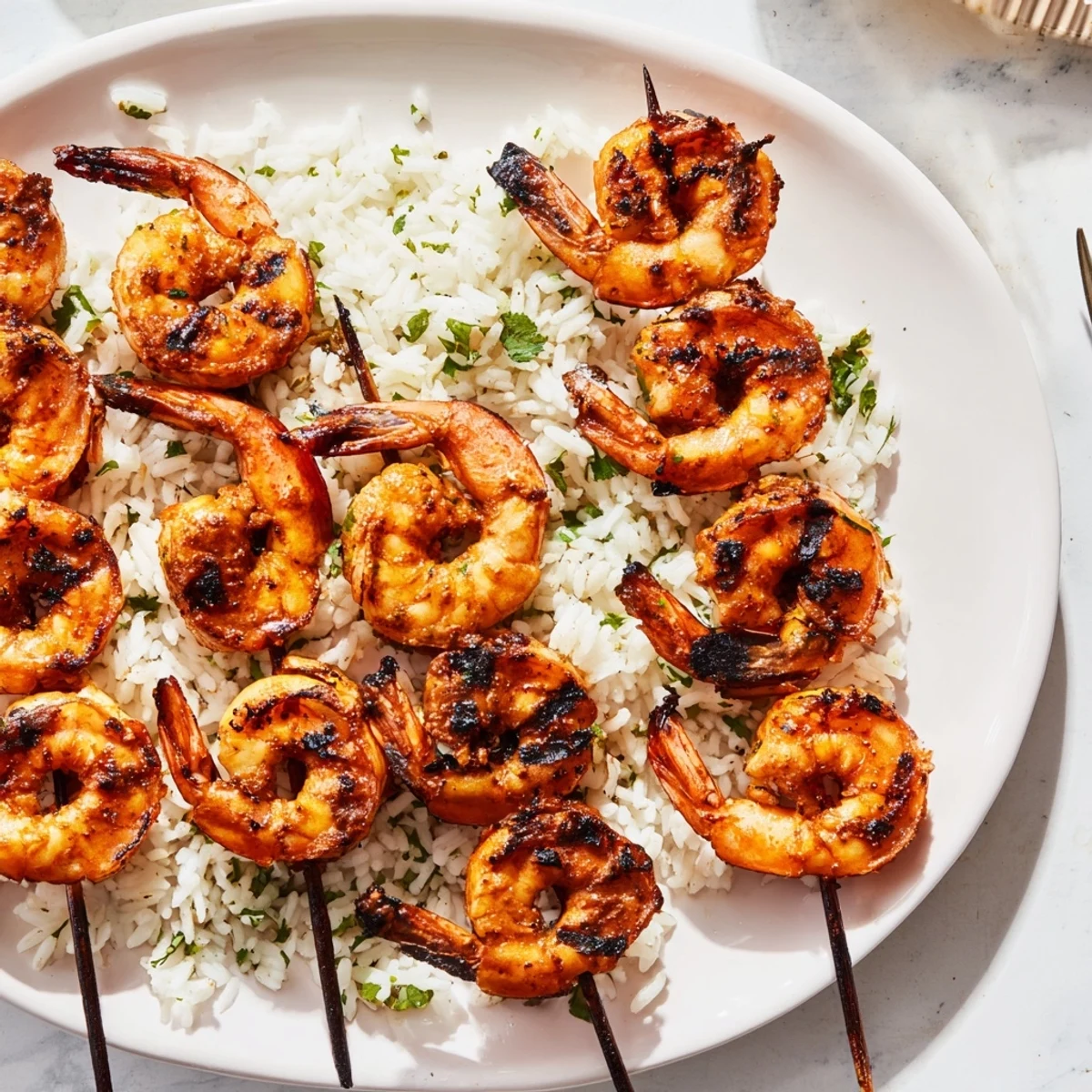 Fresh cilantro-lime rice topped with grilled Chipotle Lime Shrimp – a flavorful Mexican-inspired dinner.