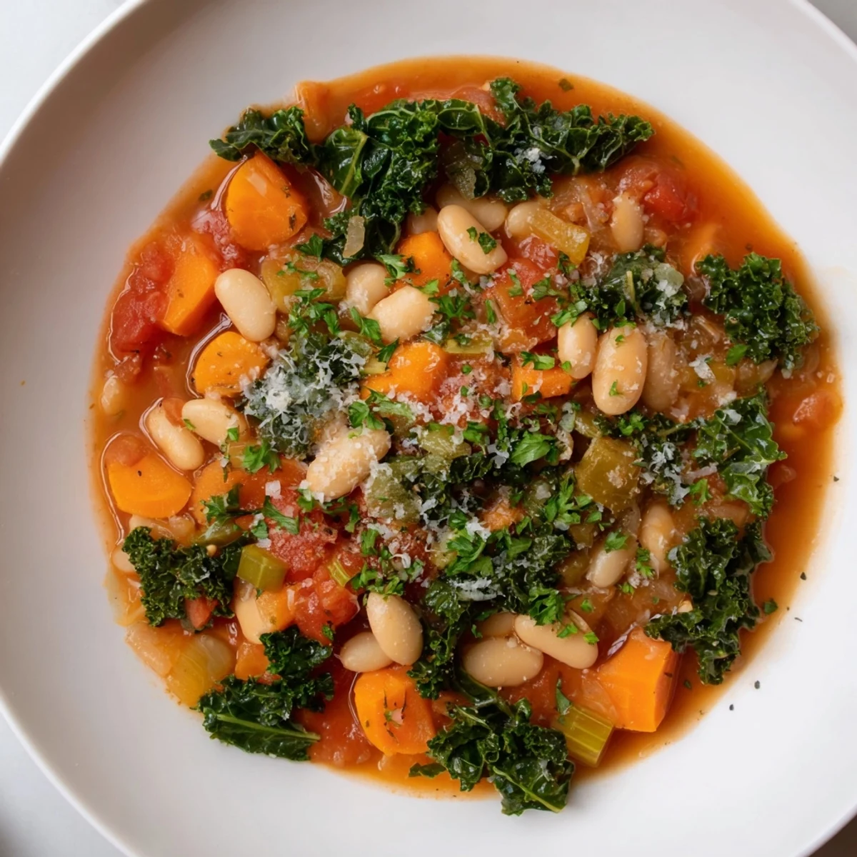 Steaming Italian Bean & Kale Stew, a vibrant medley of beans, greens, and flavorful broth, ready to eat.
