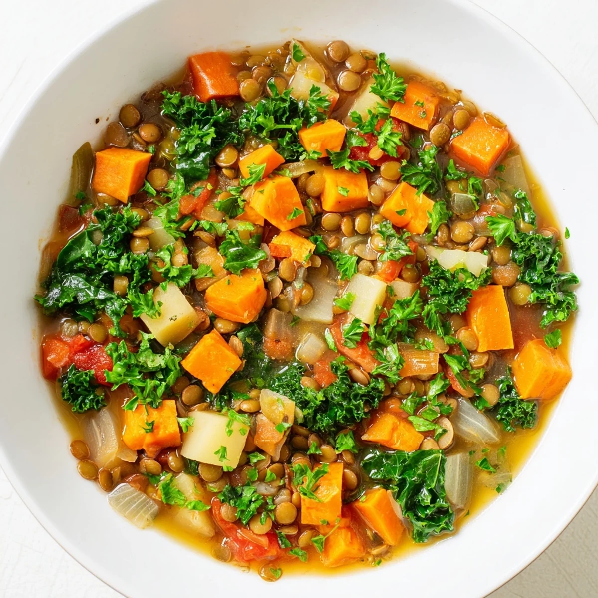 Steaming bowl of Winter Vegetable & Lentil Soup with colorful vegetables, ready to enjoy.
