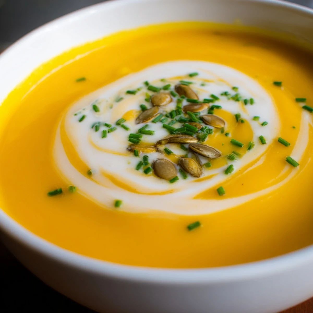 Creamy butternut squash and pear soup, garnished with herbs and ready to warm you.