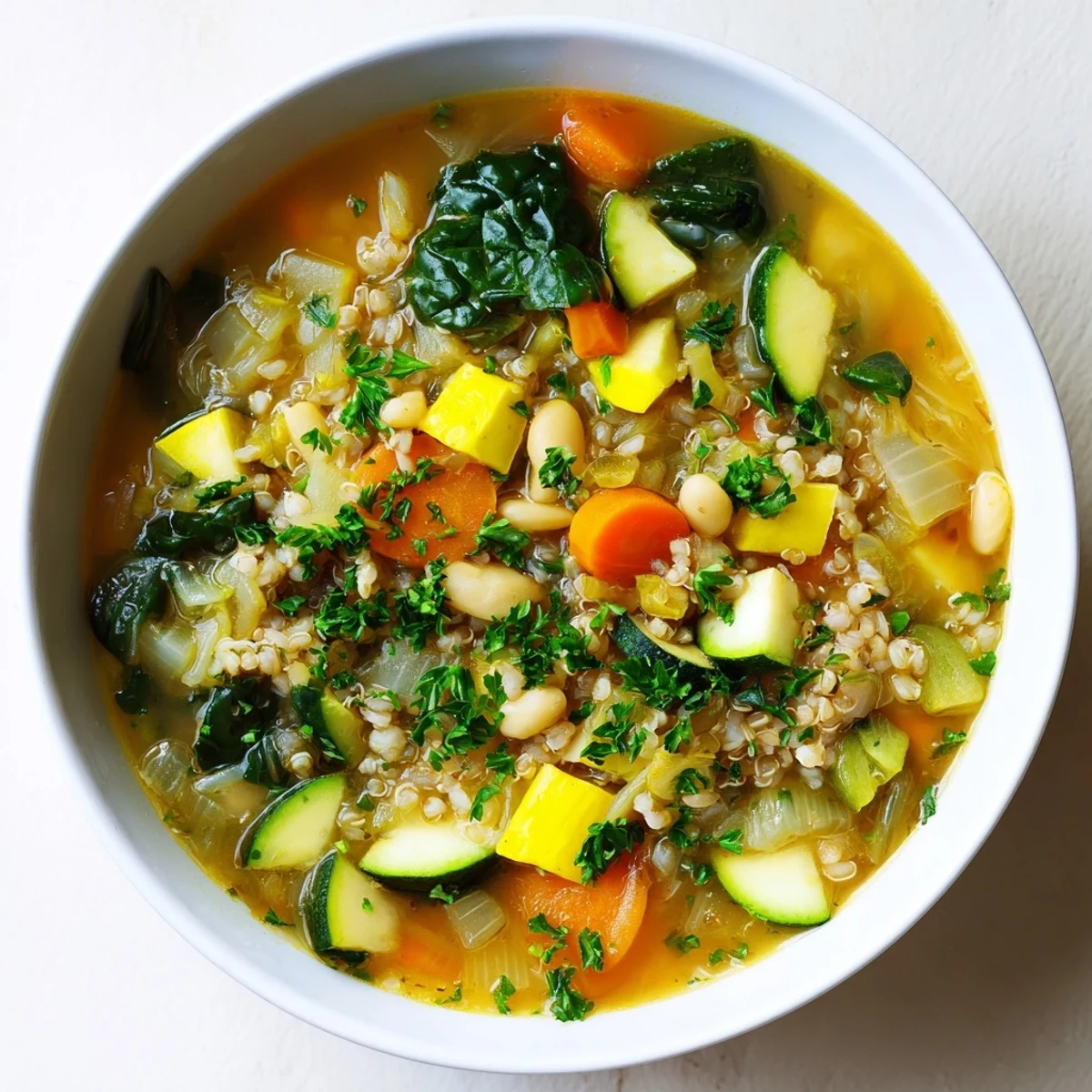 Close-up of bubbling Minestrone with Quinoa & Winter Greens, showcasing the vibrant colors and fresh herbs.