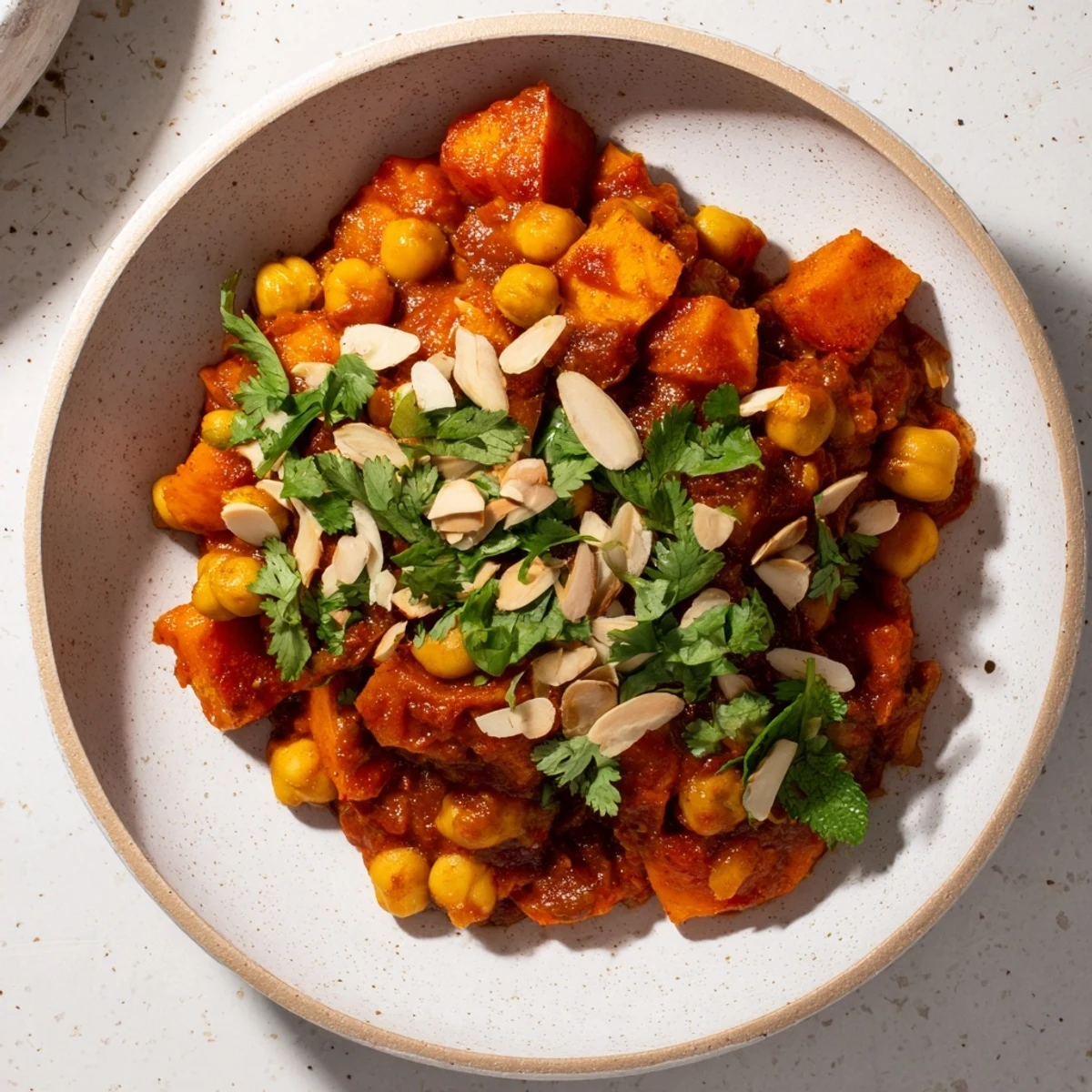 Steaming hot Moroccan Chickpea & Sweet Potato Tagine, garnished with fresh cilantro and toasted almonds.