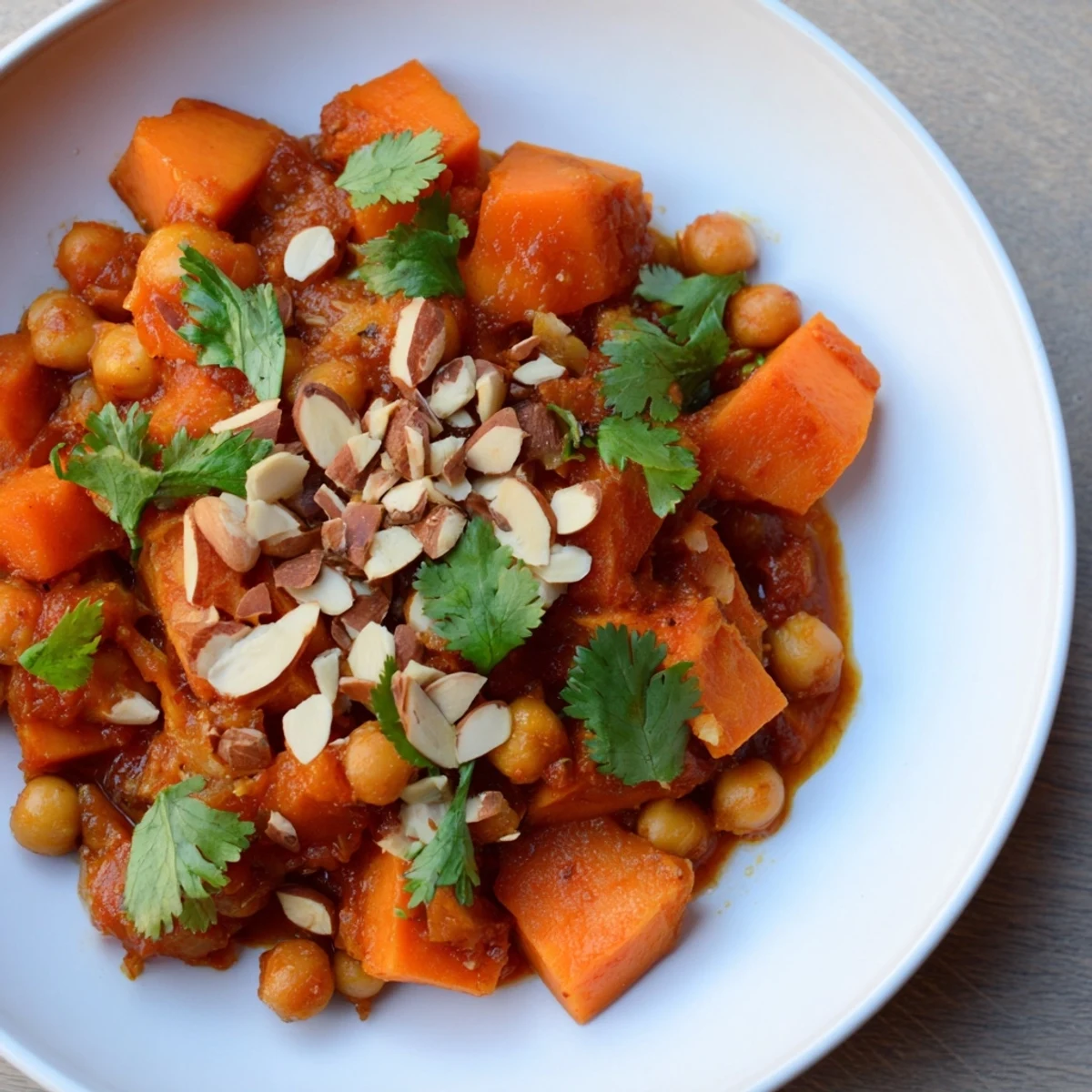 Enjoy a warmly spiced, vegan Moroccan Chickpea & Sweet Potato Tagine, a comforting dish.