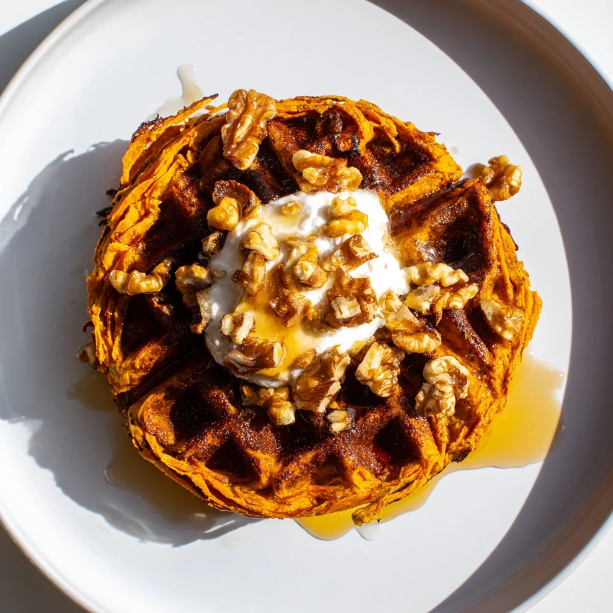 A stack of delicious sweet potato waffles, perfect for a cozy morning breakfast treat with maple syrup.