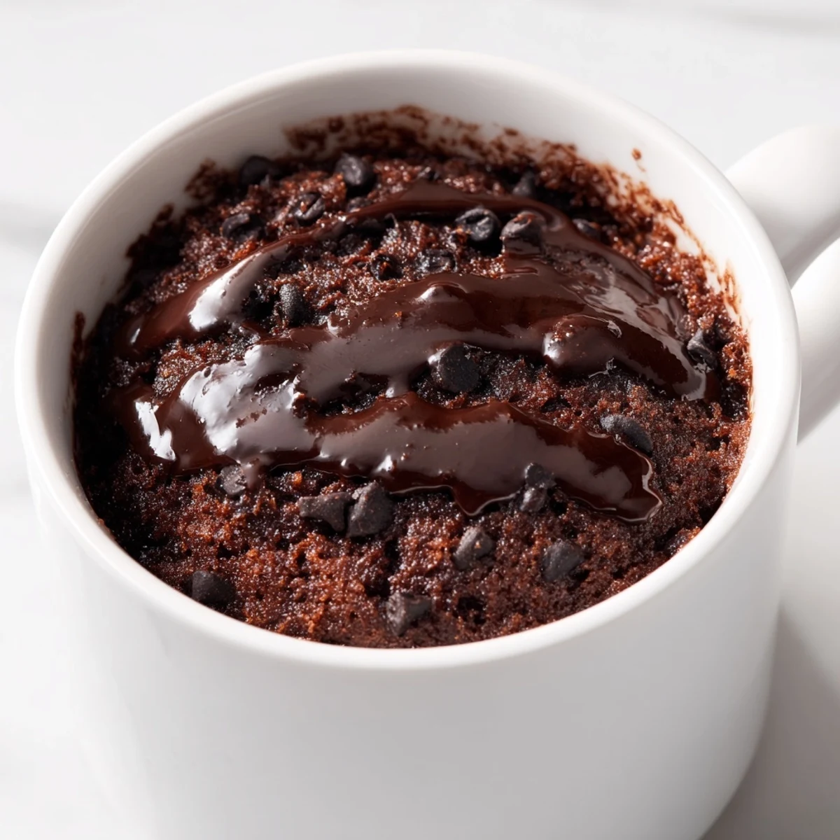 Steam rising from a freshly baked microwaved mug cake, perfect for a quick chocolate treat.