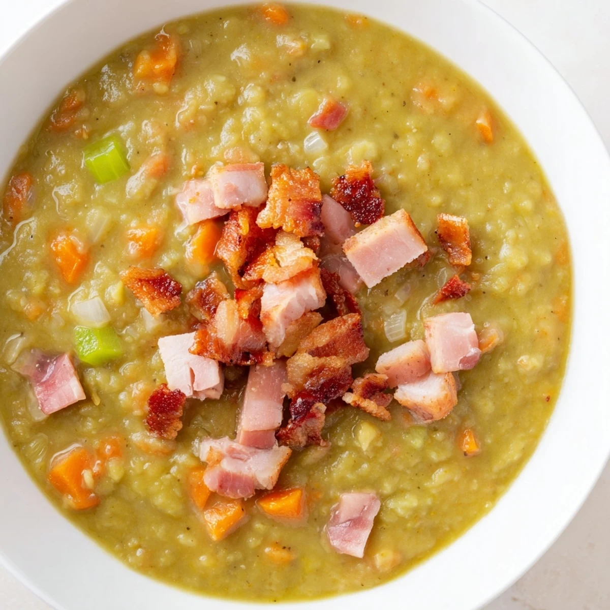 Creamy Split Pea Soup topped with crispy bacon, a comforting and flavorful homemade meal.
