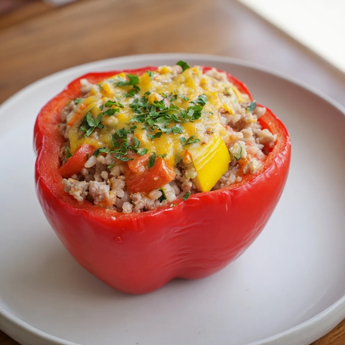 Golden-brown Stuffed Peppers with Ground Turkey and Rice, a flavorful baked dinner ready to eat.