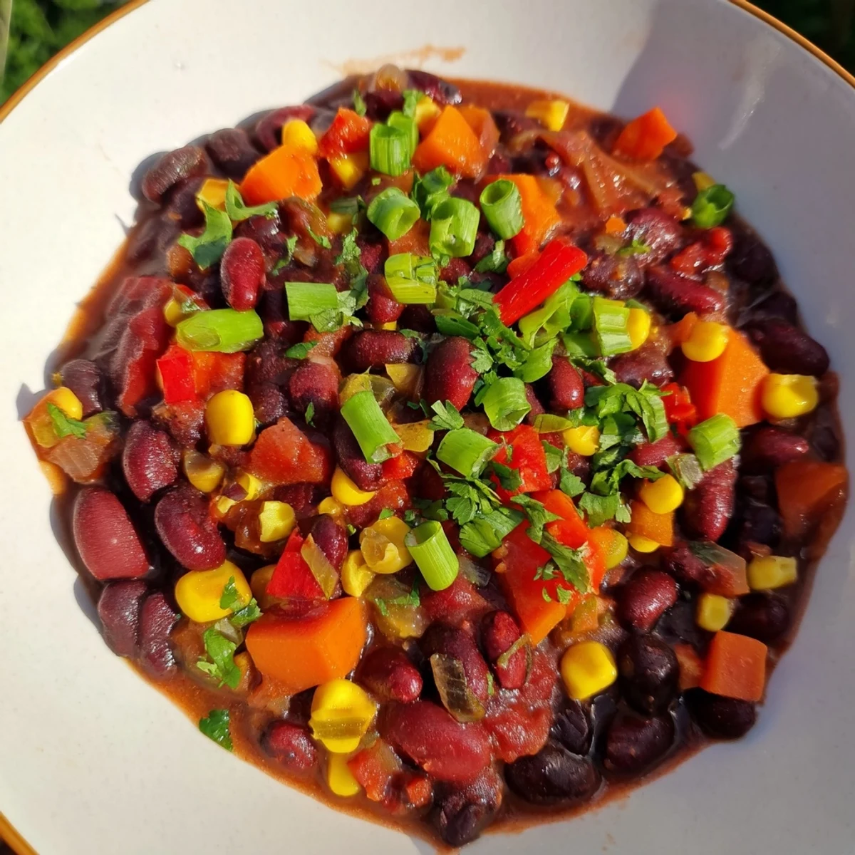 Close-up of a flavorful veggie chili, packed with beans and vegetables, ready to be served hot.