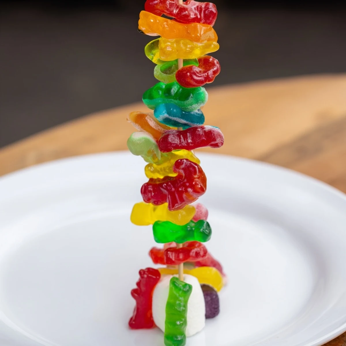 Vibrant gummy candy kabobs, skewering an array of sweets for a party treat, colorful and fun.
