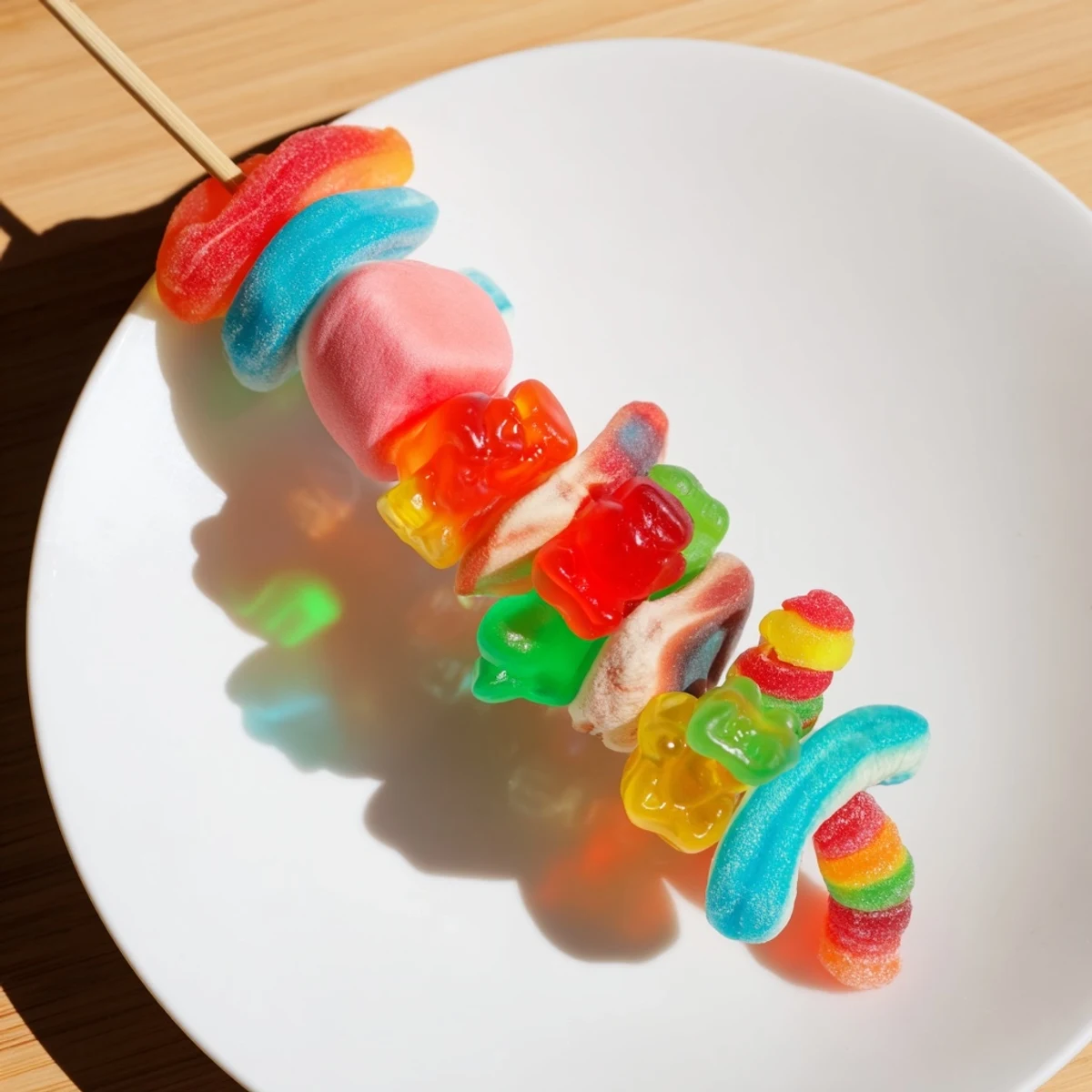 Delicious gummy candy kabobs, perfect for dessert; a playful, party-ready assortment of gummy treats.