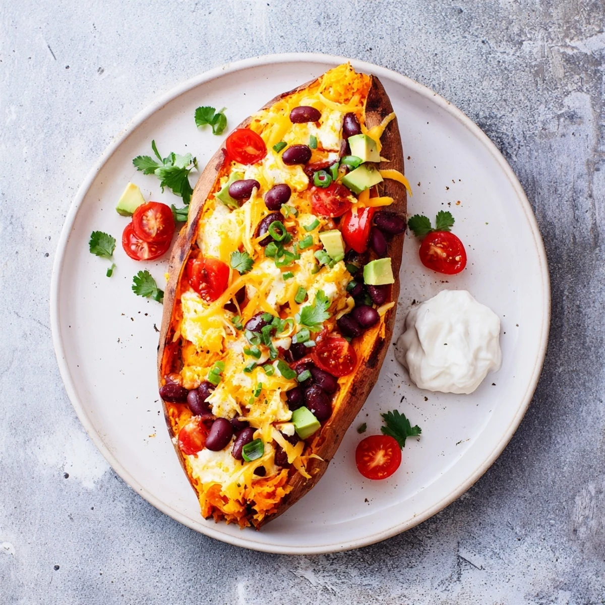 Golden brown Loaded Baked Sweet Potatoes, brimming with flavorful black beans and fresh toppings, ready to enjoy.