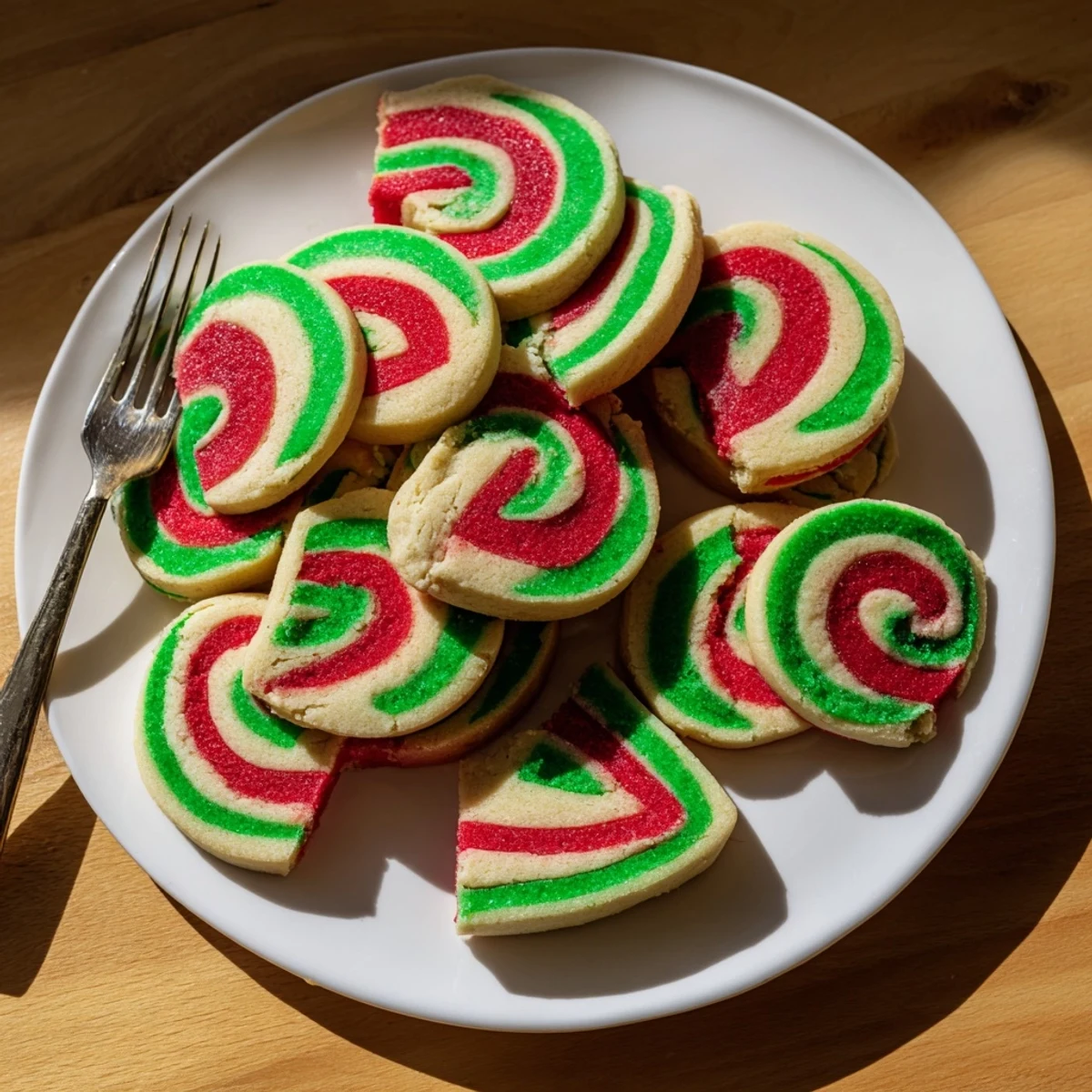 Stack of vibrant holiday pinwheel cookies, showcasing a festive treat with buttery and sweet flavors.