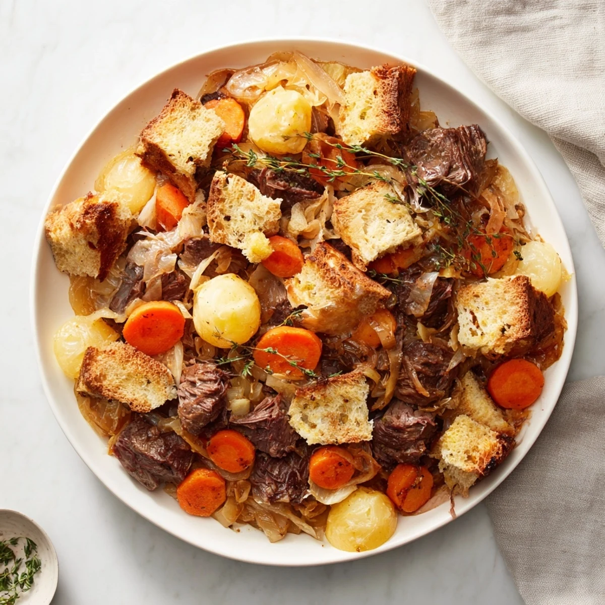 Savory French Onion Pot Roast Casserole, with golden bread and tender beef for a hearty meal.