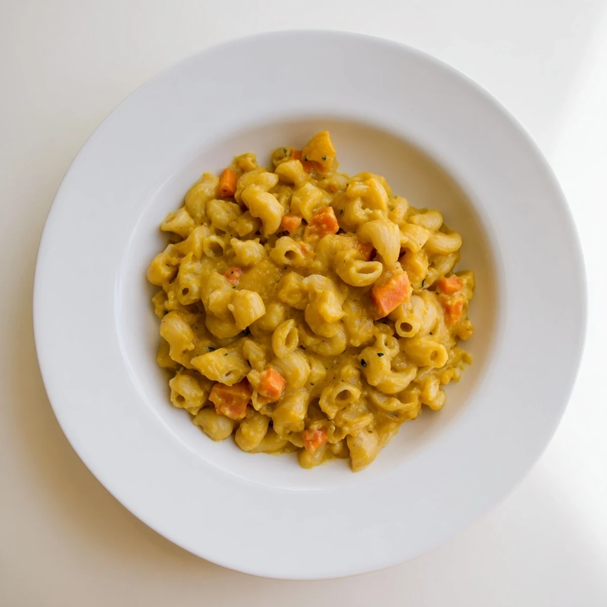 A close-up of golden One-Pot Butternut Squash Mac & Cheese, with a perfect cheese pull served steaming.