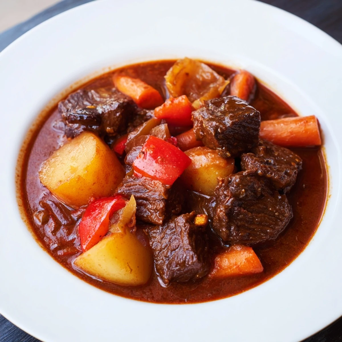 Tender beef stew with smoked paprika aroma, perfect for a cozy dinner on a cold evening.