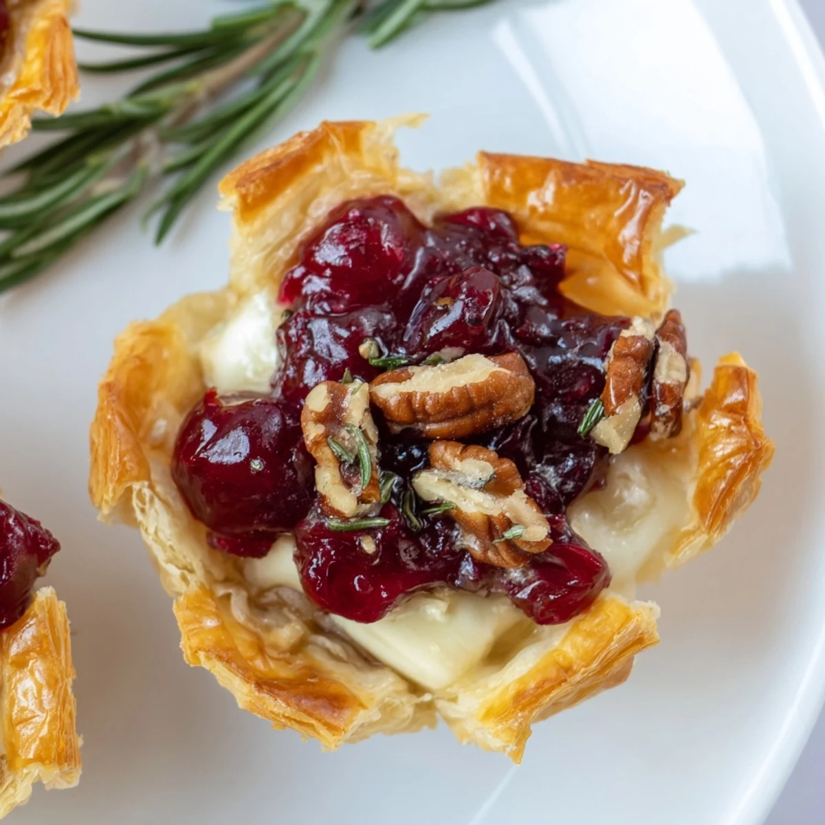 Melted Brie cheese paired with cranberry sauce in flaky Cranberry Brie Bite appetizers, perfect!