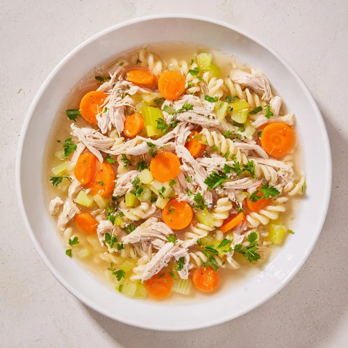 Flavorful Crockpot Chicken Noodle Soup: Tender chicken and noodles swim in a flavorful broth, ready to serve.
