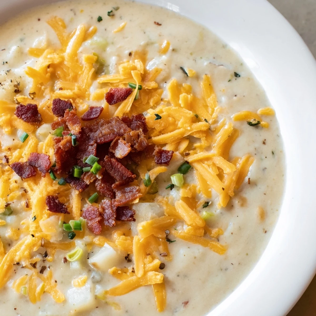 Crockpot Loaded Baked Potato Soup: a steaming bowl with crumbled bacon and cheese, rich and savory.
