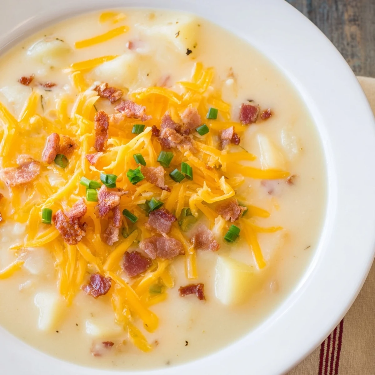 Enjoy a creamy Crockpot Loaded Baked Potato Soup, a cozy American classic, topped with fresh green onions.