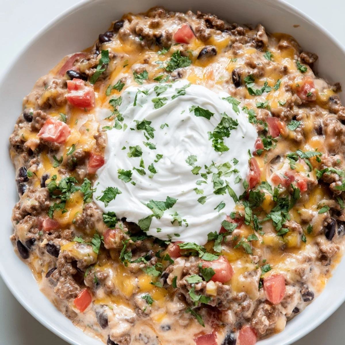Warm, bubbling Slow Cooker Cream Cheese Taco Dip with melted cheese and savory ground beef, perfect for a party.
