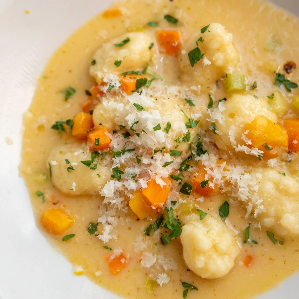Enjoy the warmth: A hearty serving of homemade Savory Butternut Squash Gnocchi Soup on a chilly day.