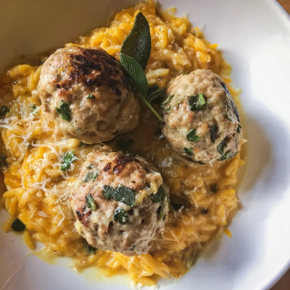 Savory Sage turkey meatballs with creamy pumpkin orzo, a comforting autumn-inspired dinner.