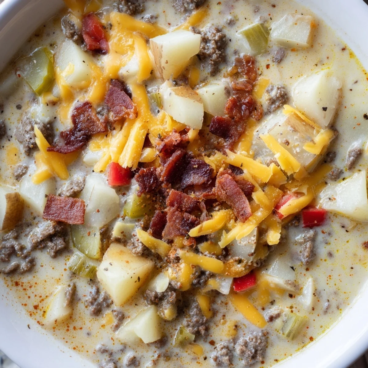 Steaming bowl of Crockpot Cheeseburger Soup: creamy, cheesy, and loaded with bacon for dinner.